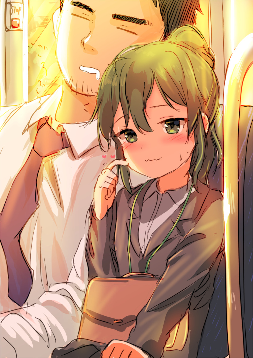 1boy 1girl black_hair breasts briefcase brown_neckwear closed_mouth collared_shirt commentary_request dress_shirt drooling goldowl green_hair grey_jacket grey_shirt grey_skirt hair_between_eyes heart highres igarashi_futaba jacket leaning_on_person leaning_to_the_side long_hair looking_at_viewer mouth_drool necktie office_lady salaryman scratching_cheek senpai_ga_uzai_kouhai_no_hanashi shirt skirt sleeping sleeping_on_person sunset sweat takeda_harumi thick_eyebrows train_interior white_shirt