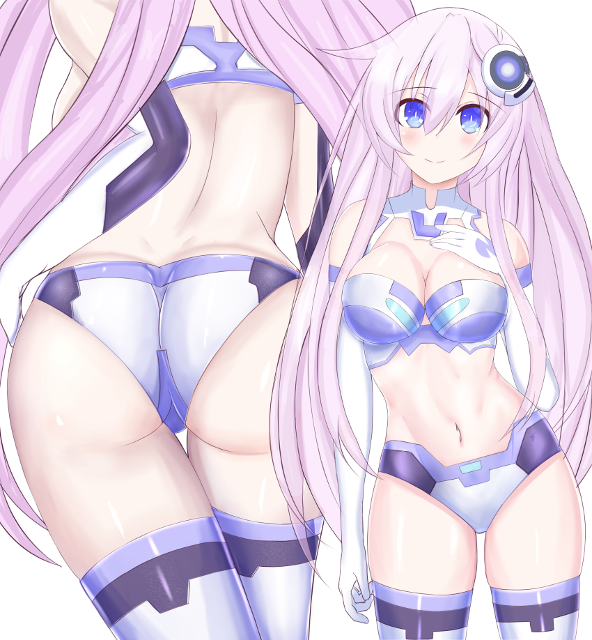 1girl absurdres ass bare_shoulders blue_eyes blush breasts choujigen_game_neptune cleavage clothing_cutout commentary elbow_gloves from_behind gloves hair_between_eyes hair_ornament hand_on_own_chest highres large_breasts leggings long_hair looking_at_viewer midriff multiple_views navel nepgear neptune_(series) pink_hair power_symbol power_symbol-shaped_pupils purple_sister skin_tight smile stiris_rangetsu symbol-shaped_pupils thigh_gap thighhighs thighs very_long_hair white_gloves white_leggings