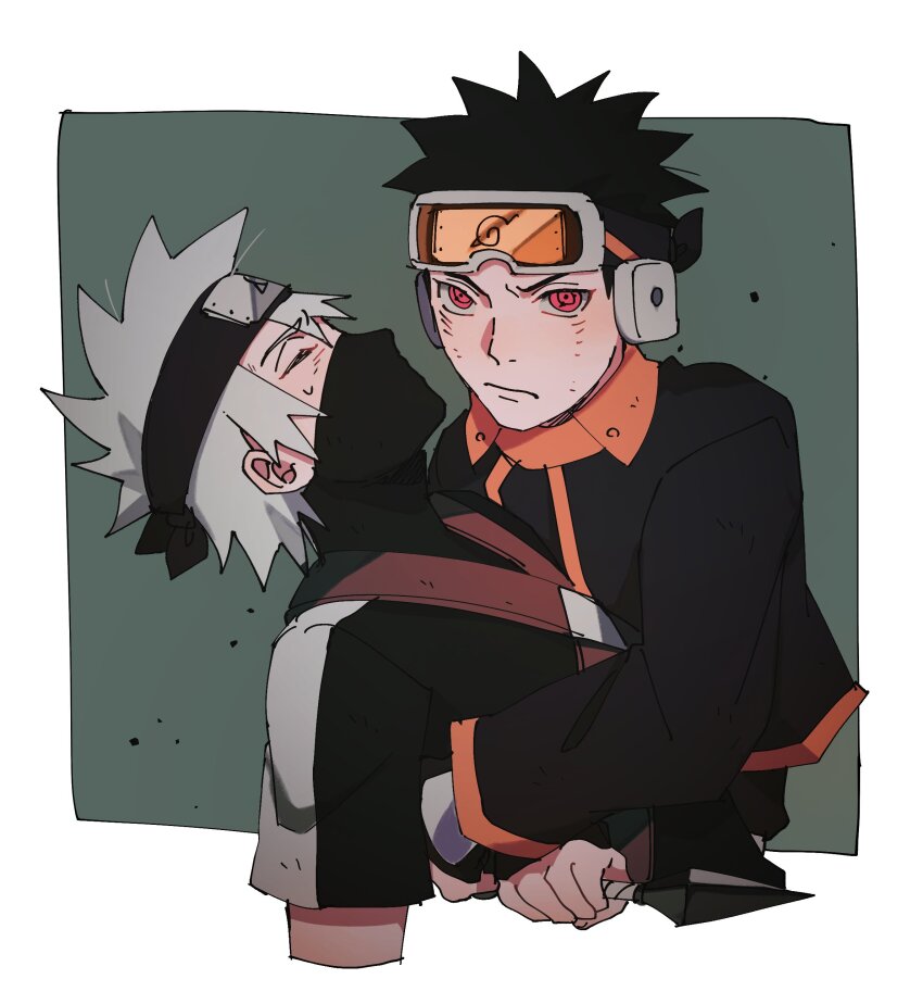 2boys absurdres aged_down black_hair closed_eyes closed_mouth commentary english_commentary forehead_protector frown goggles goggles_on_head grey_hair hatake_kakashi highres holding holding_kunai holding_weapon hug jacket kunai long_sleeves male_focus mask mouth_mask multiple_boys naruto_(series) naruto_shippuuden red_eyes seirorath sharingan short_hair short_sleeves spiked_hair sweat uchiha_obito v-shaped_eyebrows weapon