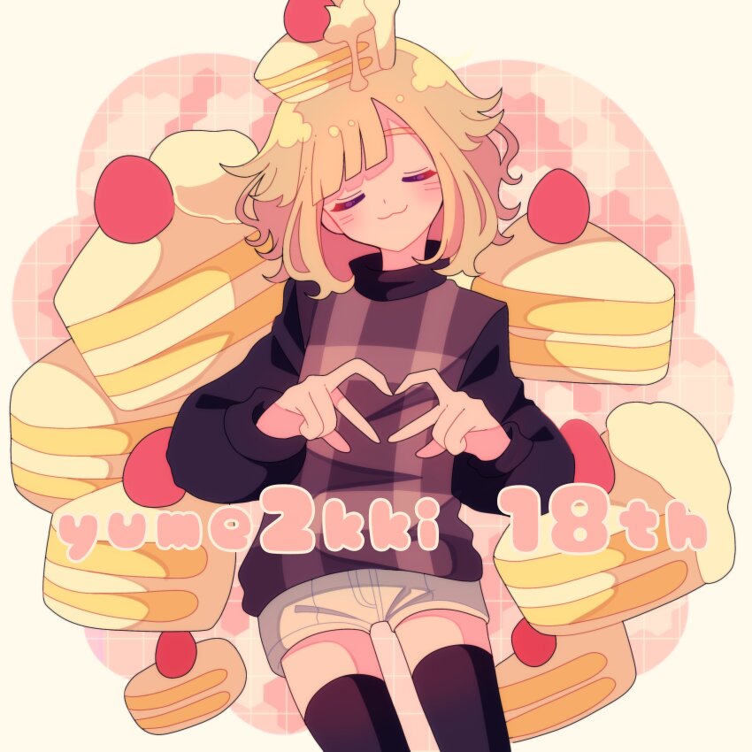 1girl :3 absurdres anniversary black_sweater black_thighhighs blonde_hair cake cake_on_head cake_slice closed_eyes closed_mouth copyright_name cowboy_shot food food-themed_background food_on_head grey_sweater_vest grey_vest head_tilt heart heart_hands highres long_sleeves object_on_head ohamihaeru plaid_clothes plaid_sweater_vest plaid_vest short_hair shorts smile solo sweater sweater_vest thighhighs urotsuki vest white_shorts yume_2kki zettai_ryouiki