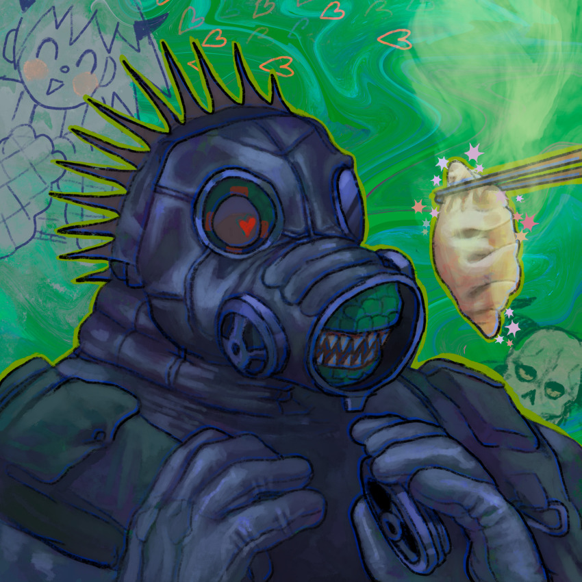 caiman_(dorohedoro) chopsticks dorohedoro dumpling food gloves heart heart-shaped_pupils highres jiaozi mask plastiboo sharp_teeth skull smile symbol-shaped_pupils teeth