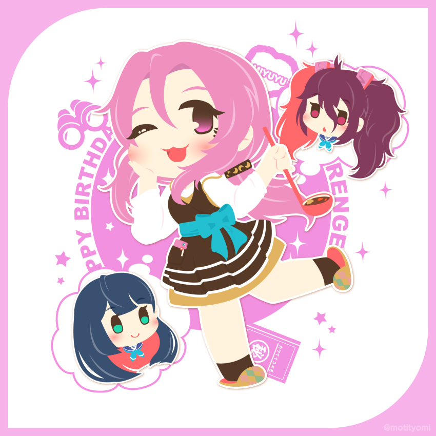 3girls battle_girl_high_school binoculars black_socks blue_bow blue_neckerchief border bow brown_dress character_name chibi chibi_only dress full_body hair_between_eyes hand_on_own_face happy_birthday highres holding holding_ladle kusunoki_asuha ladle motyomi multiple_girls neckerchief one_eye_closed open_mouth pink_border pink_eyes pink_hair red_eyes serizawa_renge shirt slippers socks speech_bubble spoken_character thought_bubble tsubuzaki_anko twintails white_shirt