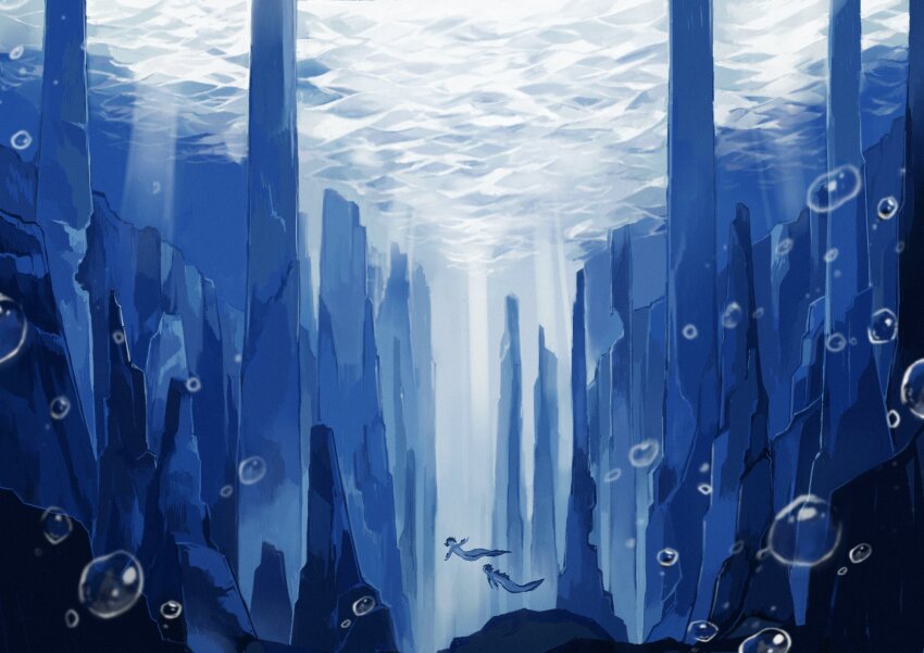 2boys blue_theme bubble cliff commentary_request floyd_leech full_body highres jade_leech merman monster_boy multiple_boys scenery stalagmite twisted_wonderland underwater water waterfall yoi0763