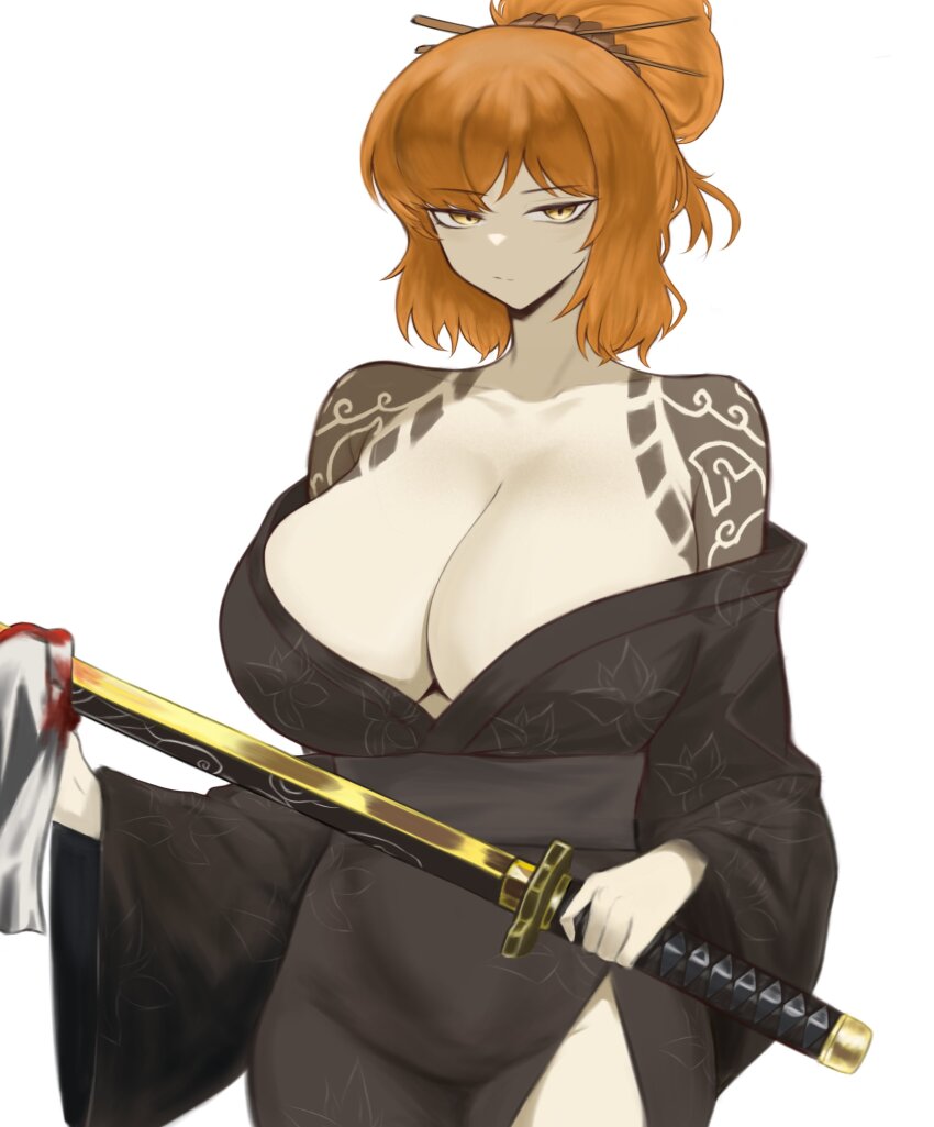 1girl absurdres alternate_breast_size breasts highres holding holding_sword holding_weapon huge_breasts ishmael_(project_moon) limbus_company official_alternate_costume official_alternate_hairstyle orange_hair pmlbtmlorlc project_moon shoulder_tattoo simple_background solo sword tattoo weapon white_background yellow_eyes