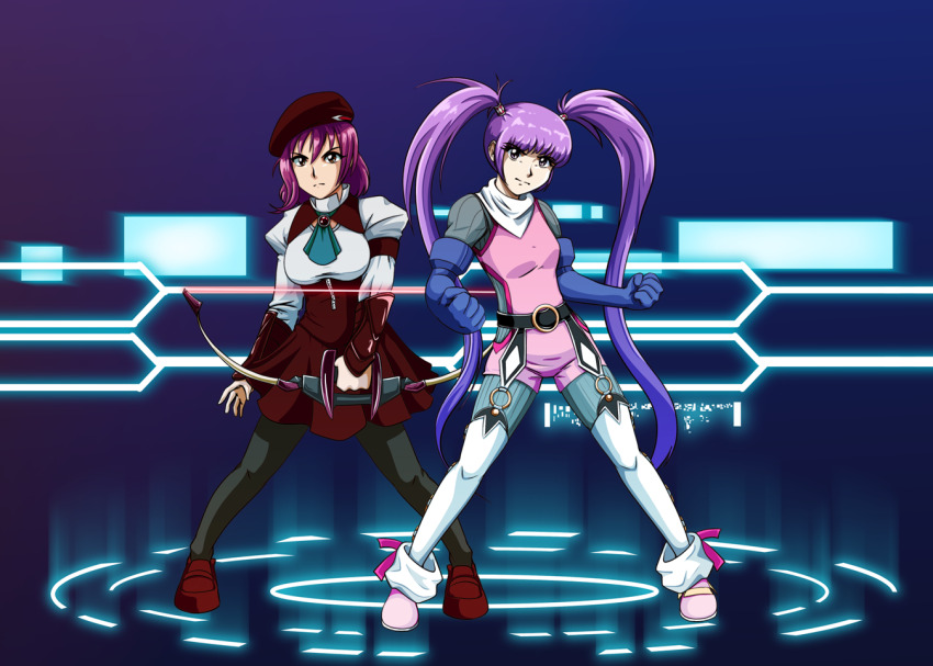 2girls belt beret bodysuit bow_(weapon) breasts clenched_hands commentary commission commissioner_upload crossover elbow_gloves english_commentary fighting_stance frown gloves hat holding holding_weapon long_hair momo_mizrahi multiple_girls non-web_source pantyhose pink_hair puffy_sleeves purple_eyes purple_hair self-upload short_hair sophie_(tales) tales_of_(series) tales_of_graces tedbob84 twintails very_long_hair weapon xenosaga xenosaga_episode_iii yellow_eyes