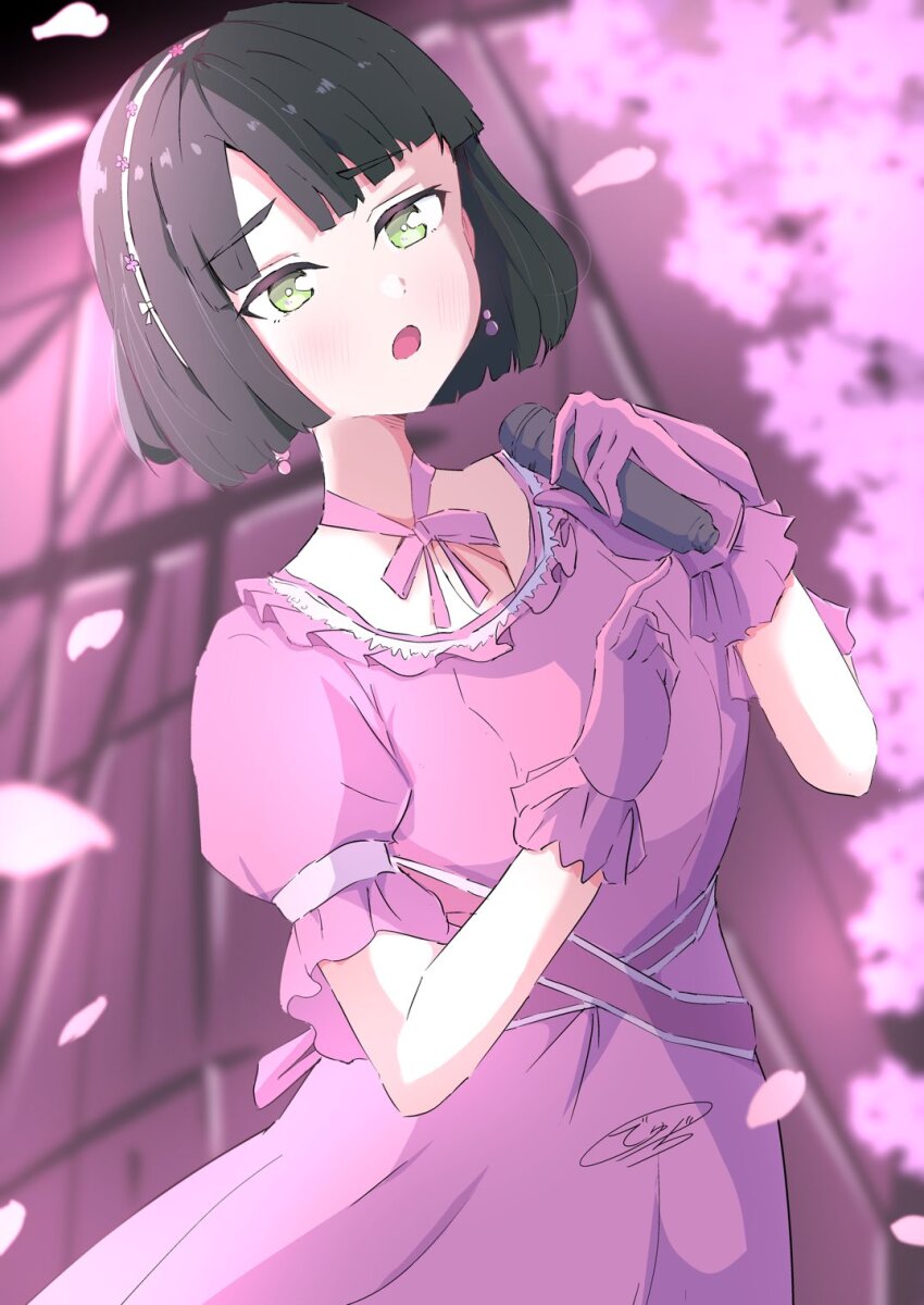 1girl :o black_hair blunt_bangs blunt_ends blurry blurry_background blush commentary_request dhuno_g dress earrings falling_petals frilled_dress frilled_gloves frills gloves green_eyes highres holding holding_microphone jewelry link!_like!_love_live! looking_at_viewer love_live! microphone momose_ginko neck_ribbon open_mouth petals pink_dress pink_gloves pink_petals pink_ribbon puffy_short_sleeves puffy_sleeves reflection_in_the_mirror_(love_live!) ribbon short_hair short_sleeves signature solo upper_body virtual_youtuber