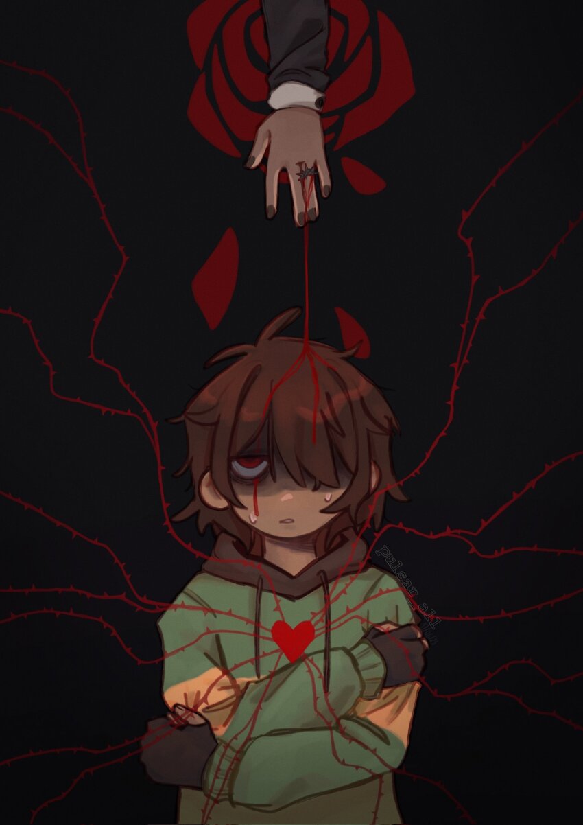 1girl 1other bags_under_eyes black_background black_gloves black_nails blood blood_drip blood_in_hair blood_on_face bloody_tears brown_fur brown_hair brown_hood crossed_arms deltarune empty_eyes falling_petals fingerless_gloves flower gloves green_hoodie hair_over_one_eye hand_on_own_arm hands_on_own_shoulders heart highres hood hood_down hoodie kris_(deltarune) noelle_holiday parted_lips petals pulsar_a11 red_eyes red_flower red_rose reindeer_girl rose self_hug single_horizontal_stripe solo_focus soul_(deltarune) thorn_ring_(deltarune) thorns weird_route_(deltarune)