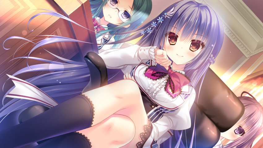 3girls black_hair black_socks blush braid breasts cabbit character_request futaba_miwa game_cg glasses green_hair hair_ornament hakoniwa_logic highres kidou_shizuku kneehighs large_breasts long_hair multiple_girls purple_eyes purple_hair red_eyes ribbon school_uniform skirt snowflake_hair_ornament snowflakes socks wing_hair_ornament