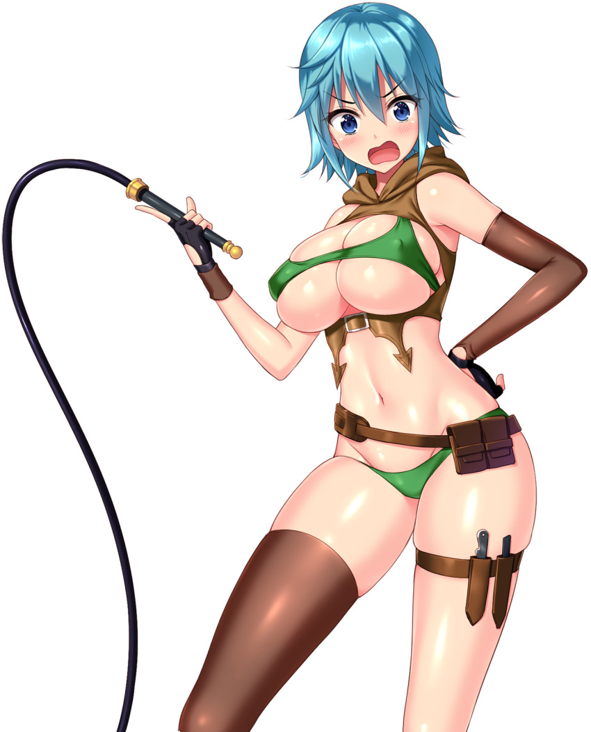 1girl bikini black_gloves blue_eyes blue_hair blush breasts brown_hoodie brown_shrug brown_thighhighs cleavage covered_erect_nipples covered_navel derauea detached_sleeves fingerless_gloves game_cg gildas gloves green_bikini highres holding holding_whip holster hood hoodie knife knife_sheath large_breasts looking_at_viewer milk_factory motto!_haramase!_honoo_no_oppai_isekai_ero_mahou_gakuen! navel non-web_source open_mouth sheath short_hair single_detached_sleeve single_thighhigh skindentation solo sprite_art surprised swimsuit tachi-e thigh_holster thigh_strap thighhighs whip