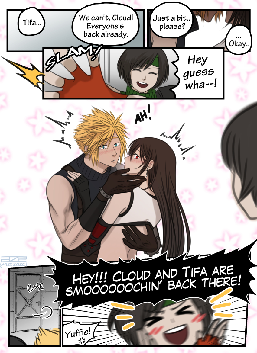 1boy 2girls absurdres armor azezazel bare_shoulders black_hair blonde_hair blue_eyes blush brown_hair cloud_strife couple crop_top earrings english_text final_fantasy final_fantasy_vii final_fantasy_vii_remake fingerless_gloves gloves headband highres imminent_kiss jewelry looking_at_another multiple_girls red_eyes screaming short_hair shoulder_armor single_bare_shoulder sleeveless sleeveless_turtleneck speech_bubble spiked_hair square_enix surprised sweater tank_top text_focus tifa_lockhart turtleneck turtleneck_sweater undershirt white_tank_top yuffie_kisaragi