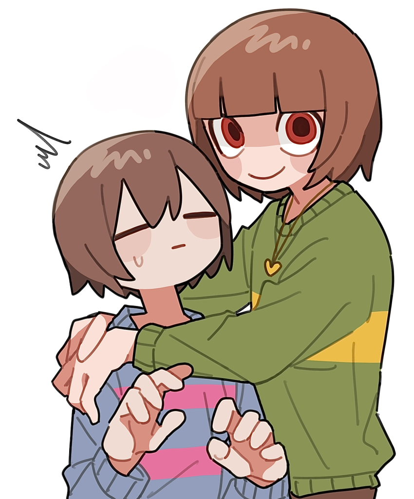 2others :| =_= ^^^ androgynous arms_around_neck blue_sweater blunt_bangs brown_hair brown_shorts c: chara_(undertale) child closed_eyes closed_mouth expressionless frisk_(undertale) green_sweater heart_pendant highres long_sleeves multiple_others no_nose other_focus red_eyes short_hair shorts simple_background smile sweatdrop sweater tadeno undertale upper_body white_background
