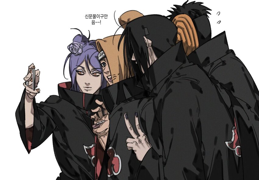 1girl 3boys akatsuki_uniform back black_coat black_hair black_nails blonde_hair blue_eyes coat deidara_(naruto) dong2taku eyeshadow face_piercing flower flying_sweatdrops gloves hair_bun hair_flower hair_ornament hand_mouth high_collar highres holding holding_phone konan_(naruto) labret_piercing long_hair long_sleeves makeup mask multiple_boys nail_polish naruto_(series) naruto_shippuuden orange_eyes phone piercing purple_hair selfie short_hair single_hair_bun smile taking_picture tobi_(naruto) tongue tongue_out translation_request uchiha_itachi uchiha_obito v