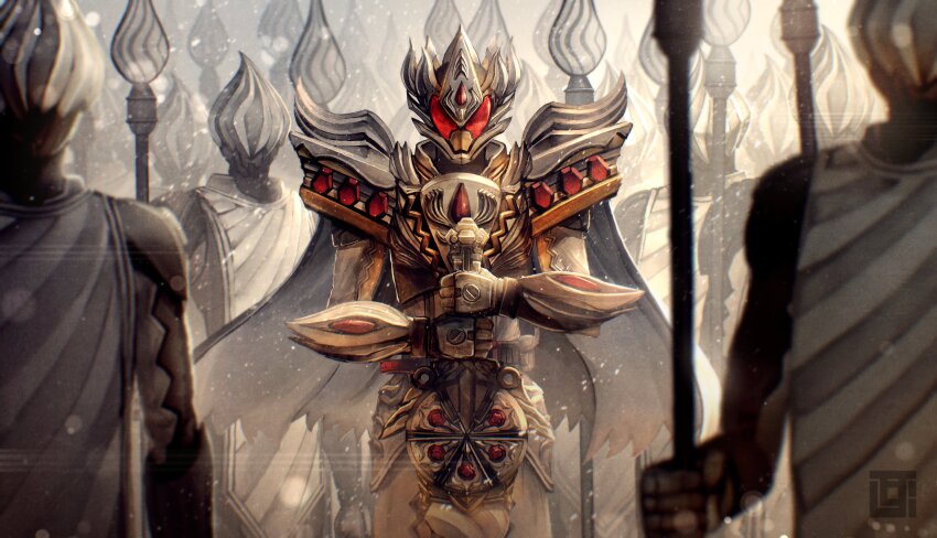 1girl absurdres armor army artist_logo caking cape gavvwhipir highres holding holding_polearm holding_sword holding_weapon kamen_rider kamen_rider_gavv kamen_rider_gavv_(caking_form) kamen_rider_gavv_(series) kozsen_810290 logo male_focus polearm spear sword tabard weapon whip_soldier white_cape white_tabard