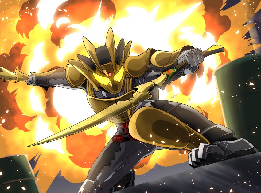 1boy amakawa_mayu armor barrel belt dual_wielding explosion highres holding kamen_rider kamen_rider_gavv kamen_rider_gavv_(series) kamen_rider_gavv_(zakuzakuchips_form) power_armor rider_belt sword tokusatsu weapon zakuzaku_chips
