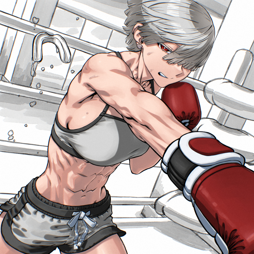 1girl abs bandaid_on_ear black_trim boxer boxing boxing_gloves boxing_ring breasts character_request clenched_teeth collarbone commentary eyebrows_hidden_by_hair gloves grey_hair grey_shorts grey_sports_bra hair_over_one_eye highres incoming_attack incoming_punch indoors long_bangs looking_at_viewer mouth_guard muscular muscular_female navel original parted_lips punching red_eyes red_gloves rggr saliva short_hair short_shorts shorts solo sports_bra sweatdrop teeth white_trim