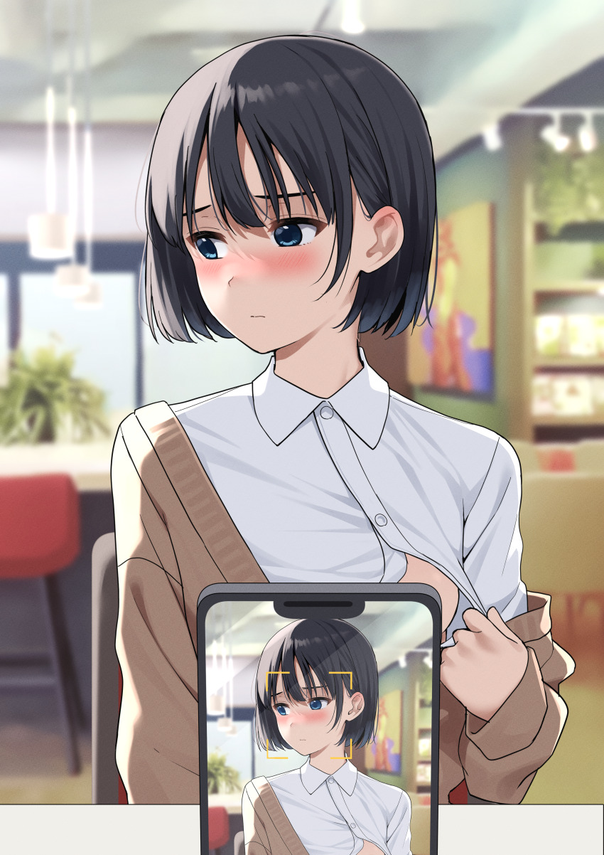 1girl absurdres averting_eyes black_hair blue_eyes blush bob_cut breasts cellphone clothes_pull commentary convenient_censoring embarrassed eyebrows_hidden_by_hair flashing frown hair_behind_ear highres long_sleeves nagio_(kiona) on_chair one_breast_out oppai_challenge original phone pov_across_table restaurant shirt shirt_pull short_hair sitting small_breasts smartphone table taking_picture white_shirt