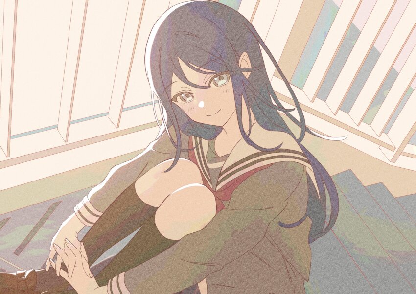 1girl black_hair black_socks blush brown_shoes grey_eyes grey_shirt grey_skirt highres hoshino_ichika_(project_sekai) hugging_own_legs knee_up loafers long_hair looking_at_viewer miyamasuzaka_girls&#039;_academy_school_uniform neckerchief pato_(ptro) project_sekai red_neckerchief school_uniform shirt shoes sitting sitting_on_stairs skirt smile socks solo stairs swept_bangs