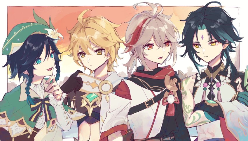 4boys aether_(genshin_impact) ahoge antenna_hair aqua_eyes arm_tattoo bead_necklace beads black_gloves black_hair blonde_hair blue_hair bow bowtie braid cape closed_mouth crossed_bangs facial_mark flower forehead_mark gameyaruzaurus genshin_impact gloves gradient_hair green_hair green_headwear grey_hair hair_between_eyes hat highres japanese_clothes jewelry kaedehara_kazuha long_sleeves male_focus multicolored_hair multiple_boys necklace parted_lips red_eyes red_hair short_sleeves side_braids tassel tattoo upper_body venti_(genshin_impact) vision_(genshin_impact) white_flower xiao_(genshin_impact) yellow_eyes