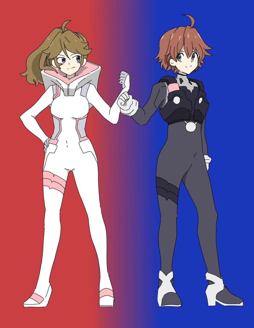 1boy 1girl black_bodysuit blue_eyes bodysuit breasts brown_hair darling_in_the_franxx formal_clothes full_body gloves grin hand_on_own_hip hand_up highres mecha_pilot_suit miku_(darling_in_the_franxx) plugsuit_(evangelion) ponytail skin_tight smile standing suit tight_clothes white_bodysuit zorome_(darling_in_the_franxx)
