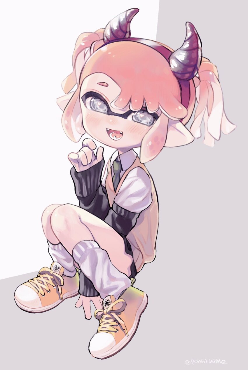 1girl amezawa_koma arm_between_legs black_arm_warmers black_shorts collared_shirt commentary_request fake_horns fangs full_body green_necktie grey_eyes hairband hand_up heart heart_in_eye highres horn_hairband horns inkling inkling_girl inkling_player_character long_sleeves looking_at_viewer necktie nintendo open_mouth pink_hair pointy_ears purple_hairband purple_horns shirt shoes short_hair short_twintails shorts sidelocks sitting smile sneakers socks solo splatoon_(series) sweater_vest swept_bangs symbol_in_eye tentacle_hair twintails white_shirt white_socks yellow_shoes yellow_sweater_vest