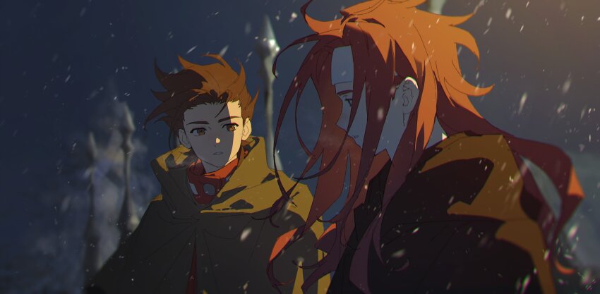 blue_eyes blurry blurry_background brown_eyes brown_hair cloak depth_of_field headband highres lloyd_irving looking_at_another pine_tree red_hair red_shirt shirt snow tales_of_(series) tales_of_symphonia tree yarr zelos_wilder
