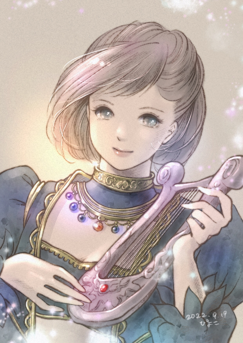 1girl 2022 adventurer_(ff11) artist_name bandeau bard_(final_fantasy) black_bandeau black_jacket blue_eyes breasts brown_hair cleavage closed_mouth cropped_jacket dated final_fantasy final_fantasy_xi gold_trim harp highres holding holding_instrument hume instrument jacket lyre music open_clothes open_jacket pink_lips piyoco playing_instrument short_hair small_breasts smile solo upper_body