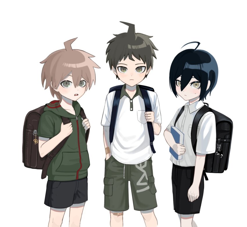 3boys :o aged_down ahoge alternate_costume backpack bag bag_charm black_bag black_hair black_shorts book breast_pocket brown_bag brown_eyes brown_hair brown_shorts charm_(object) closed_mouth collarbone collared_shirt danganronpa:_trigger_happy_havoc danganronpa_(series) danganronpa_2:_goodbye_despair danganronpa_v3:_killing_harmony frown green_hoodie green_shirt hair_between_eyes highres hinata_hajime holding holding_book hood hood_down hoodie light_brown_hair multiple_boys naegi_makoto nuns197 orca_pendant pocket saihara_shuichi shirt short_hair shorts teeth two-tone_shirt upper_teeth_only white_shirt