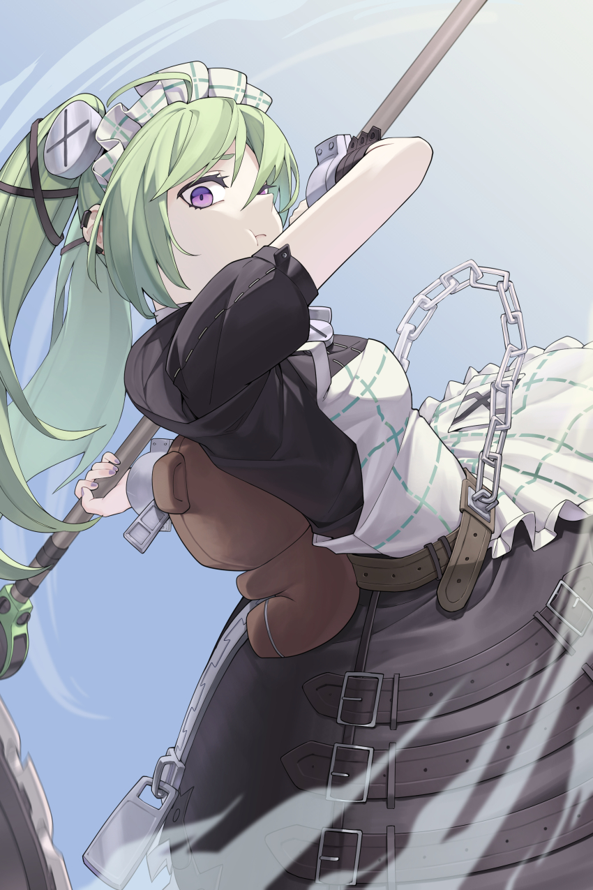 1girl :t absurdres animal_bag apron bear_bag black_dress corin_wickes dress green_hair hair_between_eyes highres holding_saw long_hair maid maid_apron maid_headdress police_riot_(artist) puffy_short_sleeves puffy_sleeves purple_eyes screw_hair_ornament short_sleeves white_apron zenless_zone_zero