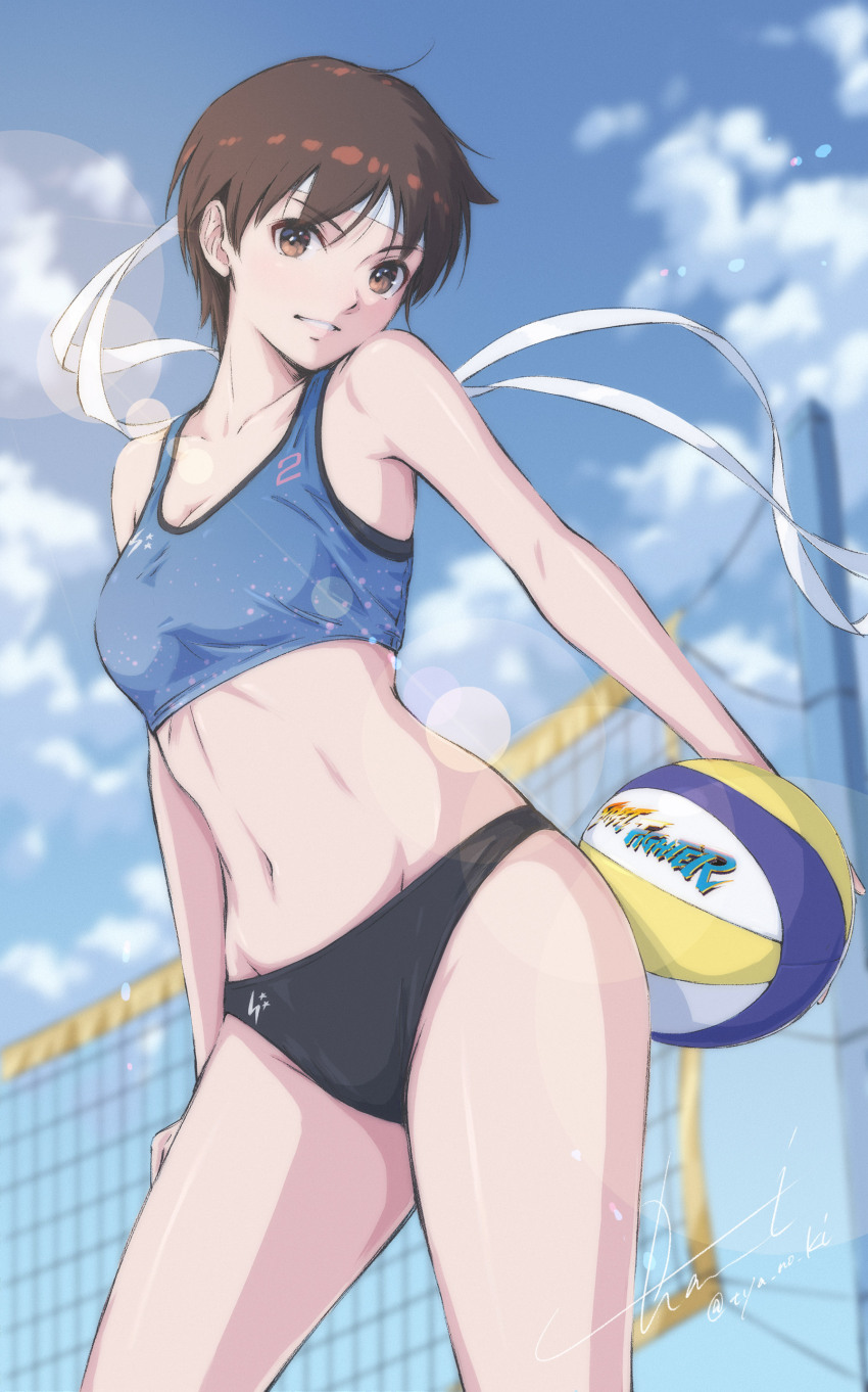 absurdres ball beach_volleyball breasts brown_eyes brown_hair cleavage cloud collarbone commentary_request contrapposto copyright_name day headband highres holding holding_ball holding_behind_back kasugano_sakura lens_flare linea_alba looking_at_viewer navel outdoors parted_lips short_hair signature small_breasts sports_bikini street_fighter twitter_username tyanoki volleyball_(object) volleyball_net white_headband
