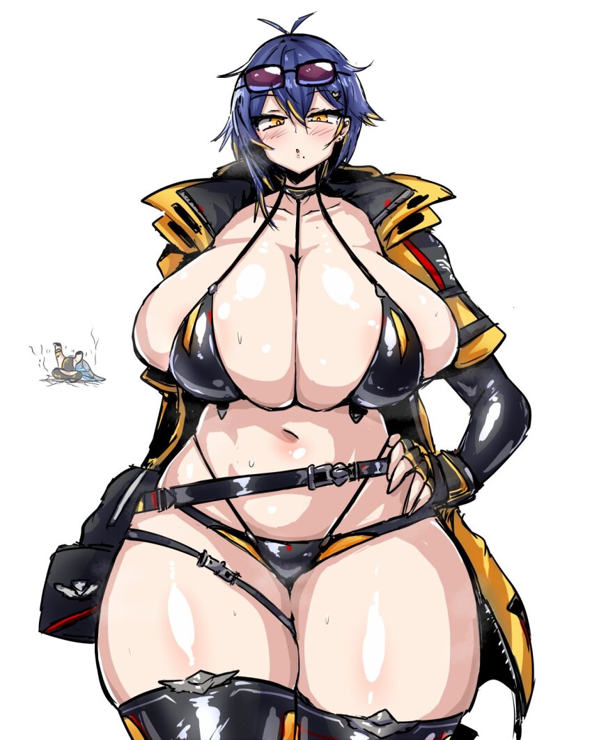 1girl bag bikini black_bikini black_gloves black_thighhighs blue_hair blush breasts choker cleavage fingerless_gloves geist43195783 gloves hand_on_own_hip highres huge_breasts jacket last_origin layered_bikini lips micro_shorts mole mole_under_mouth navel open_clothes open_jacket open_mouth shiny_skin short_hair shorts solo standing sterling_(last_origin) sunglasses sunglasses_on_head sweat swimsuit thick_thighs thigh_strap thighhighs thighs whale_tail_(clothing) white_background wide_hips yellow_eyes