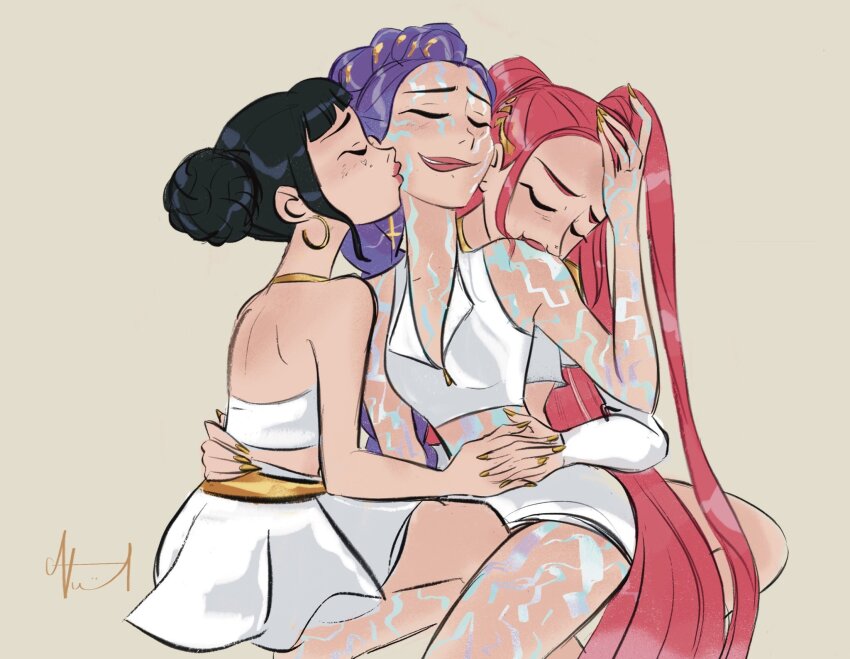 3girls amber_leigh black_hair body_markings closed_eyes commentary english_commentary girl_sandwich hair_bun halter_shirt halterneck hand_on_another&#039;s_back highres holding_hands kiss kissing_cheek kissing_shoulder kpop_demon_hunters long_hair mira_(kpop_demon_hunters) multiple_girls pink_hair polyamory purple_hair rumi_(kpop_demon_hunters) sandwiched shirt skirt sleeveless sleeveless_shirt two_side_up very_long_hair white_shirt white_skirt yuri zoey_(kpop_demon_hunters)