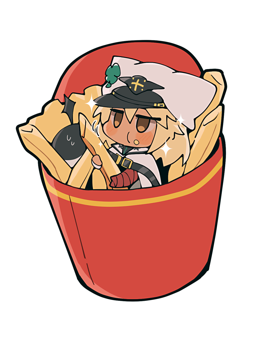 1girl bandaged_arm bandages blonde_hair blush blush_stickers cape cheek_bulge chibi clover crumbs dark-skinned_female dark_skin eating food food_on_face four-leaf_clover french_fries guilty_gear guilty_gear_strive hat highres holding holding_food in_container in_food itsuka_neru jitome light_blush looking_ahead lucifero_(guilty_gear) medium_hair mini_person minigirl no_mouth orange_eyes ramlethal_valentine red_bandage simple_background solo sparkle sweatdrop white_background white_hat