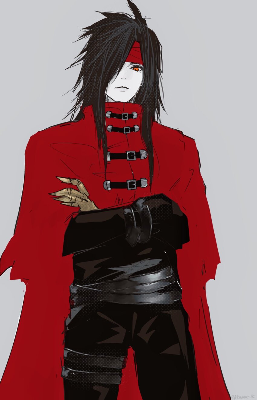 1boy belt belt_buckle black_hair black_jacket black_pants buckle cape clawed_gauntlets cloak closed_mouth cowboy_shot crossed_arms final_fantasy final_fantasy_vii gauntlets grey_background hair_over_one_eye headband highres jacket kanoe_k long_hair long_sleeves male_focus multiple_belts pants red_cape red_cloak red_eyes red_headband single_gauntlet solo vincent_valentine