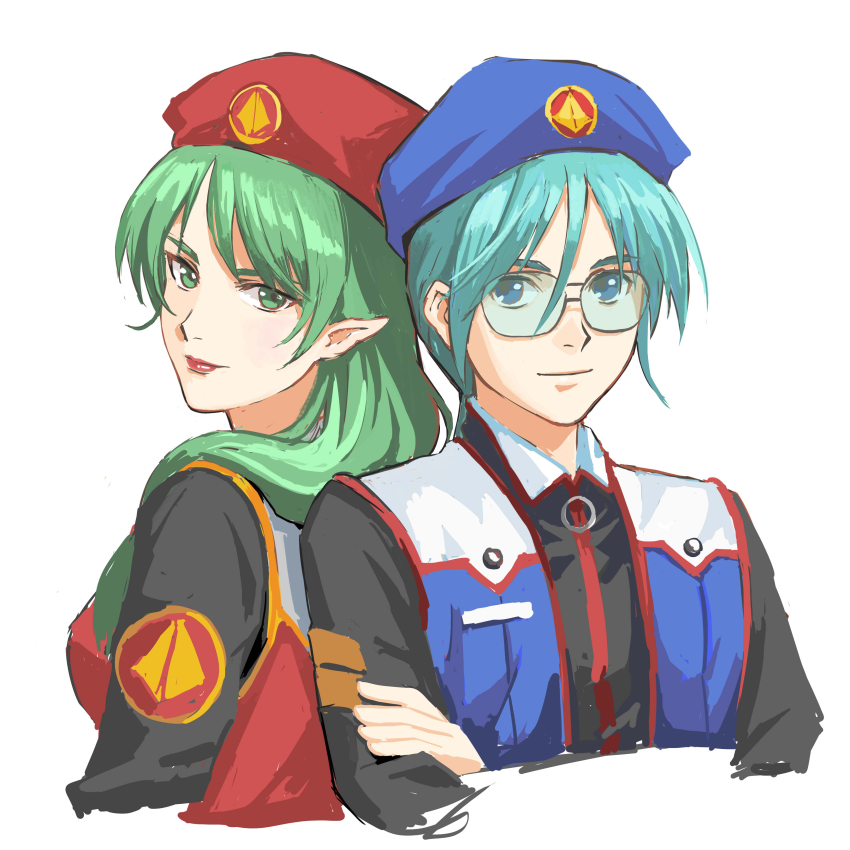 1boy 1girl absurdres alien beret blue_hair couple crossed_arms emblem glasses good_end green_hair hat highres insignia lips long_hair looking_at_viewer looking_to_the_side macross macross_m3 maximilian_jenius miclone military military_uniform millia_jenius nekkikamille pointy_ears portrait roundel sketch u.n._spacy upper_body vest