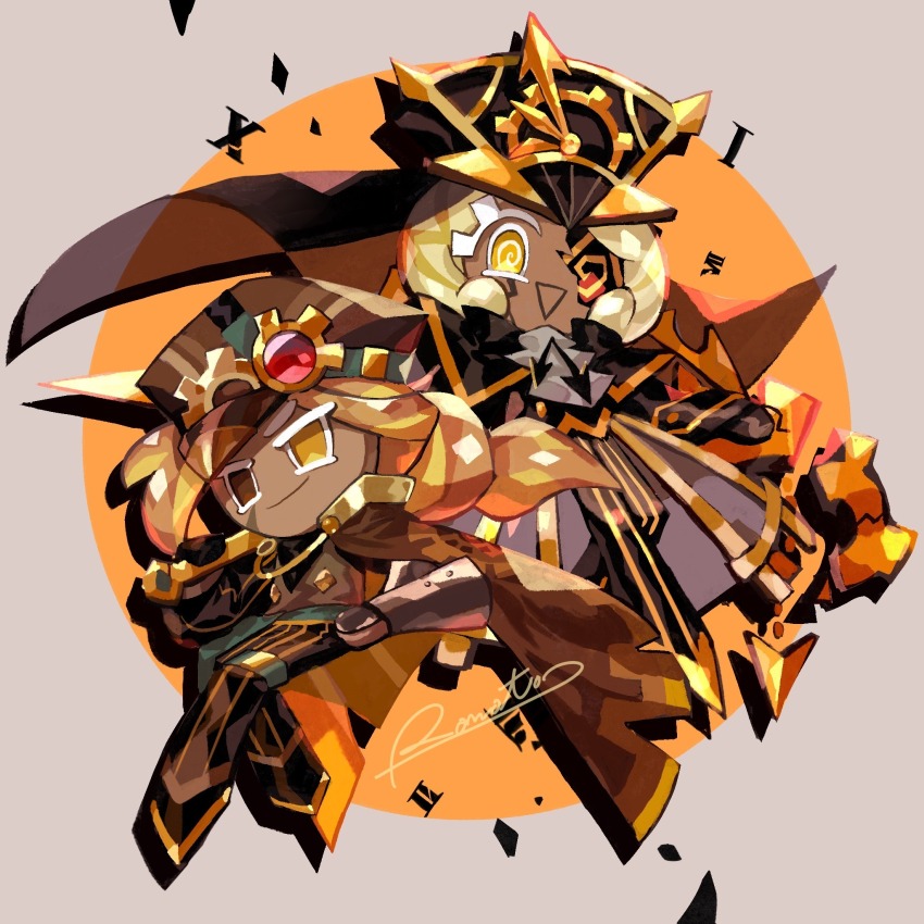 2girls @_@ artist_name ascot bandana bandana_around_neck black_bandana black_gloves black_hat black_pants black_veil blonde_hair border brown_cape brown_eyes brown_hair brown_hat cape closed_mouth cookie_run cookie_run:_ovenbreak croissant_cookie dark-skinned_female dark_skin drop_shadow dual_persona full_body gloves gold_footwear grey_border hand_on_own_hip hat heterochromia highres holding long_hair long_sleeves looking_at_viewer multiple_girls open_mouth orange_background outside_border pants rn9j round_border simple_background smile striped_clothes striped_pants timekeeper_cookie triangle_mouth veil vertical-striped_clothes vertical-striped_pants white_ascot yellow_eyes