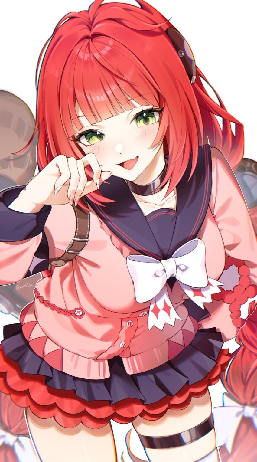 1girl anko_(kimt140n) black_choker black_sailor_collar black_skirt bow bowtie cardigan chest_bow choker cowboy_shot green_eyes highres long_hair looking_at_viewer pink_cardigan red_hair sailor_collar school_uniform skirt solo thigh_strap ukinami_yuzuha white_bow white_bowtie zenless_zone_zero