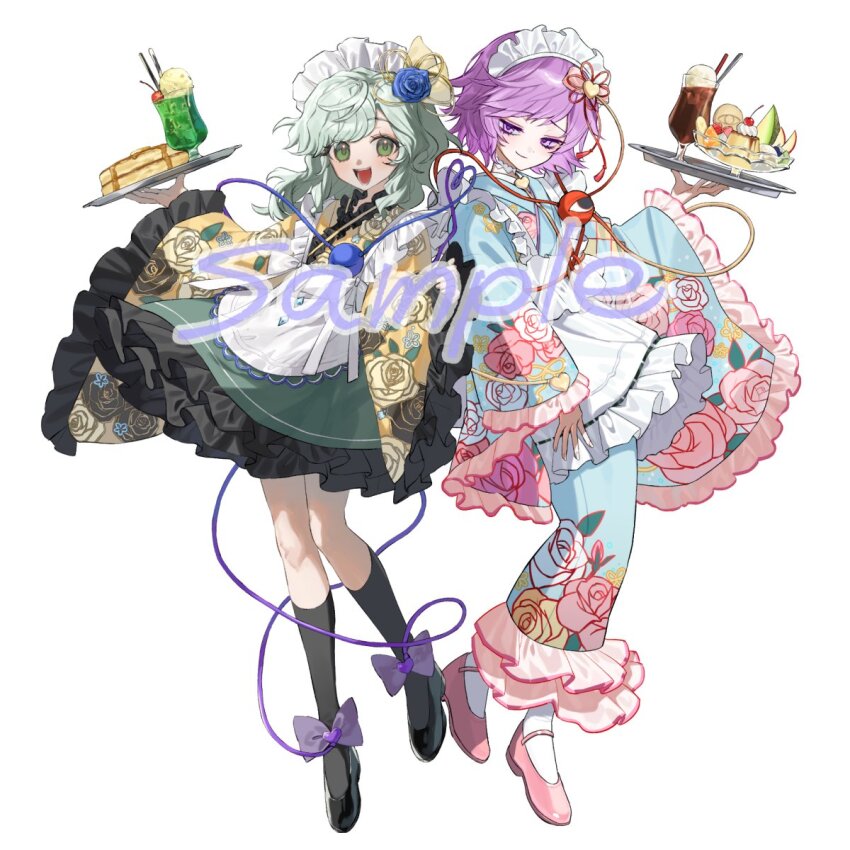 2girls apron blue_flower blue_kimono blue_rose blue_shirt bow buttons cake carbonara_hontyotyo diamond_button drink eyeball floral_print flower food frilled_shirt_collar frilled_sleeves frills fruit full_body green_hair green_skirt hair_flower hair_ornament hairband hairpin hat hat_bow hat_ribbon heart heart_of_string highres japanese_clothes kimono komeiji_koishi komeiji_satori looking_at_viewer maid_apron maid_headdress multiple_girls pancake pink_eyes pink_hair ribbon rose rose_print sample_watermark shirt siblings sisters skirt smile third_eye touhou tray watermark yellow_bow yellow_ribbon yellow_shirt