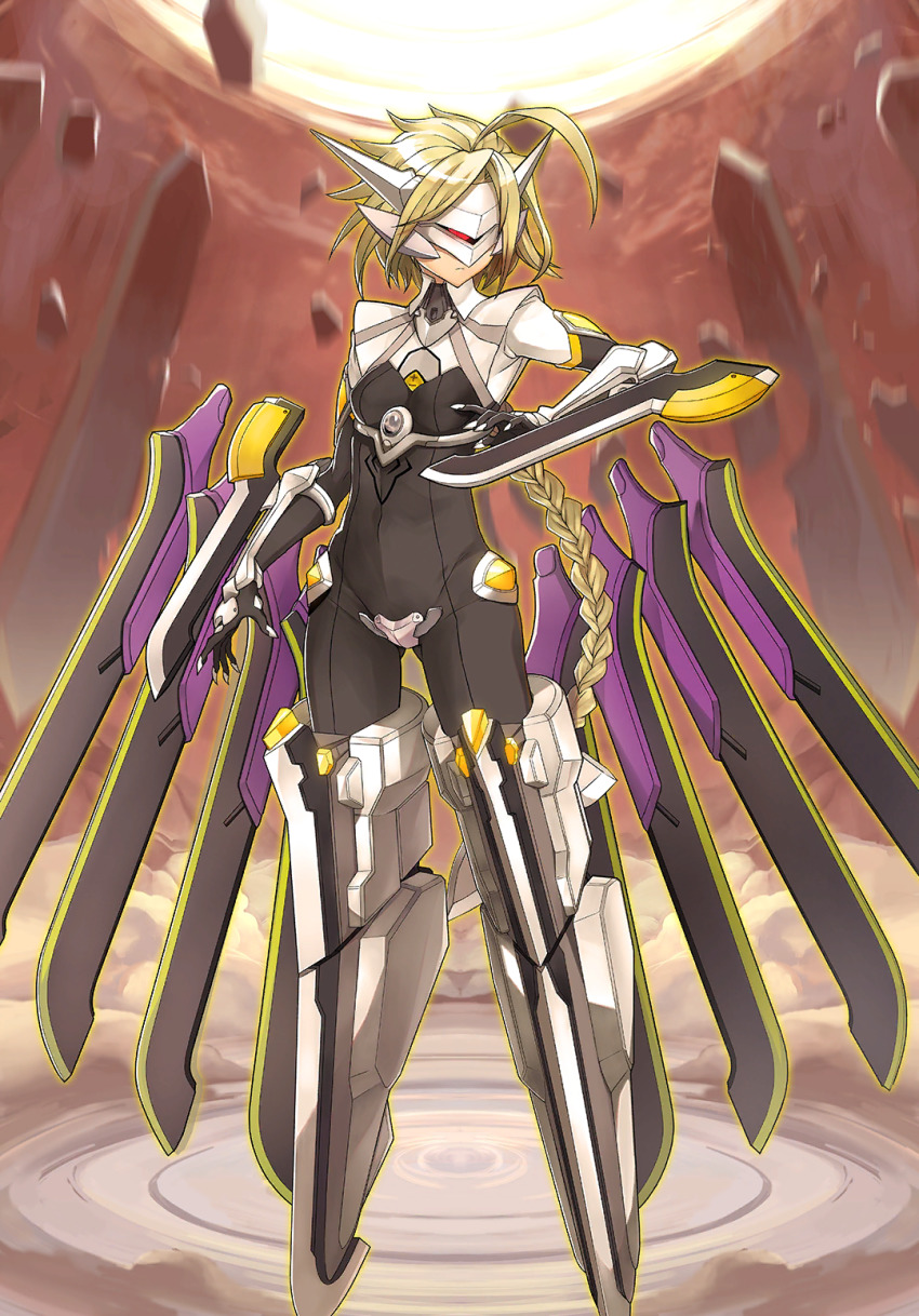 1girl ahoge armor black_bodysuit blazblue blazblue_alternative:_dark_war blonde_hair bodysuit braid breasts covered_eyes covered_face falling_rock floating floating_object floating_sword floating_weapon full_body hair_weapon highres katou_yuuki lambda-11 long_hair mecha_musume official_art pauldrons red_eyes ruins shoulder_armor single_braid small_breasts solo sword very_long_hair visor weapon