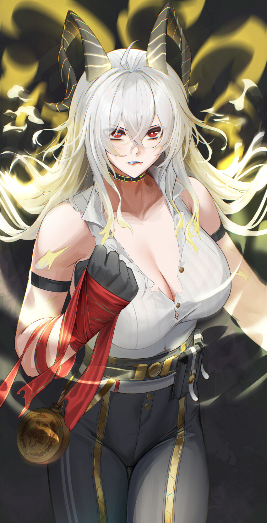 1girl absurdres anoreika_tomoe bare_shoulders barmaid biting_own_lip black_choker black_gloves black_horns black_pants breasts bright_pupils choker cleavage clenched_hand commentary cowboy_shot curled_horns english_commentary gloves gluteal_fold grey_hair hair_between_eyes high-waist_pants highres horns large_breasts long_hair looking_at_viewer necktie necktie_around_wrists pants parted_lips red_eyes red_necktie shirt shirt_tucked_in solo thigh_gap tight_clothes tight_pants torn_clothes torn_shirt white_pupils white_shirt wuthering_waves zani_(wuthering_waves)