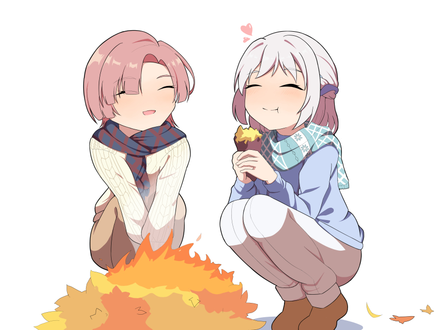 2girls :t absurdres arimura_mao autumn_leaves boots braid closed_eyes eating food gakuen_idolmaster grey_hair half_up_braid happy heart highres idolmaster katsuragi_lilja leaf multiple_girls open_mouth pants pink_hair roasted_sweet_potato scarf short_hair smile squatting sweater sweet_potato user_zywd7353 white_background