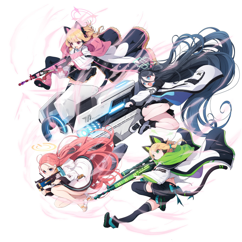 4girls :d absurdly_long_hair absurdres animal_ear_headphones animal_ears aris_(blue_archive) battle_rifle black_hair black_skirt black_socks black_thighhighs blonde_hair blue_archive blue_eyes blue_halo blue_necktie blush boots bow braid closed_mouth collared_shirt commentary_request cute_weapon fake_animal_ears floating_hair forehead full_body game_development_department_(blue_archive) green_eyes green_halo grenade_launcher gun h&amp;k_g3 h&amp;k_g3 hair_between_eyes hair_bow hairband halo handheld_game_console headphones highres holding holding_gun holding_weapon hood hood_down hooded_jacket jacket koflif long_hair long_sleeves m320 midair midori_(blue_archive) momoi_(blue_archive) multiple_girls necktie open_mouth orange_halo pink_boots pink_eyes pink_halo pleated_skirt power_symbol railgun red_bow red_eyes red_hair rifle shirt shoe_soles siblings simple_background skirt sleeves_past_wrists slippers smile socks tail thighhighs thighhighs_under_boots thighs twins v-shaped_eyebrows very_long_hair weapon white_background white_bow white_footwear white_jacket white_shirt yuzu_(blue_archive)