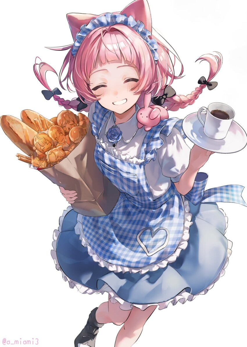 1girl :d ^_^ alternate_costume animal animal_ears animal_on_shoulder apron arched_bangs back_bow bag baguette black_bow blue_apron blue_flower blue_headdress blue_skirt blush bow braid bread breasts character-themed_food churro closed_eyes closed_mouth collared_shirt commentary_request croissant cup dress enmaided facing_viewer floating_hair flower food foot_out_of_frame frilled_apron frilled_skirt frills gingham gingham_apron grin hair_bow highres higuchi_kaede holding holding_bag holding_tray hoshikawa_sara kanae_(nijisanji) kemonomimi_mode knees_together_feet_apart leos_vincent long_hair maid maid_headdress nanajigen_seitokai_(nijisanji) nijisanji nijisanji_gta open_mouth oumiomi pink_hair puffy_short_sleeves puffy_sleeves rabbit ryuushen saegusa_akina saucer shirt short_sleeves simple_background skirt small_breasts smile solo standing suo_sango teacup tray twin_braids twitter_username virtual_youtuber white_background white_shirt