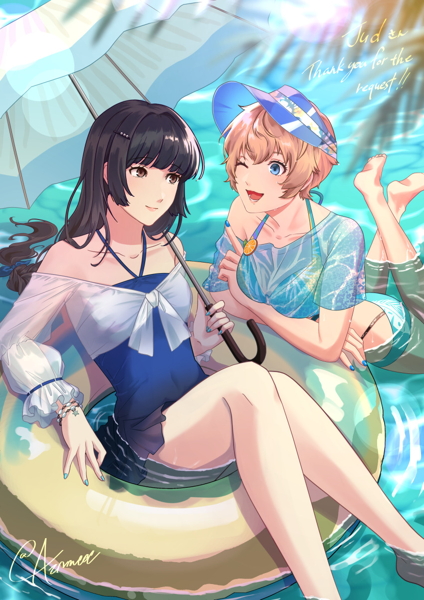 2girls absurdres arai_motoha aznmeee barefoot black_hair blue_eyes commission highres looking_at_another multiple_girls official_alternate_costume one_eye_closed persona persona_5 persona_5:_the_phantom_x purple_eyes short_hair skeb_commission swimsuit tanemura_riko umbrella water