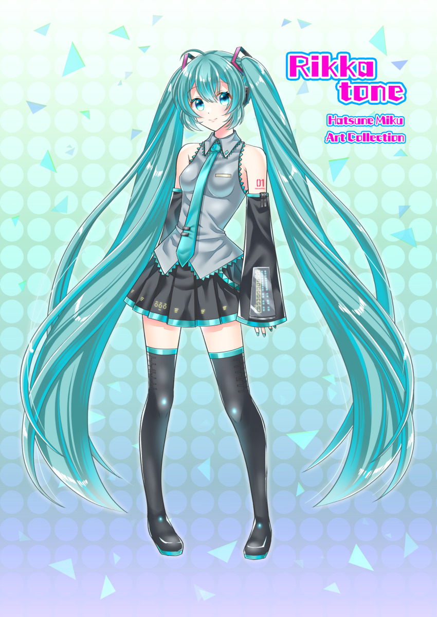 1girl absurdres ahoge aqua_eyes aqua_hair aqua_nails aqua_necktie arm_tattoo black_shoes black_skirt black_sleeves boots breasts character_name closed_mouth collared_shirt commentary_request cover cover_page detached_sleeves fingernails full_body grey_shirt hair_between_eyes hatsune_miku highres long_hair long_sleeves nail_polish necktie number_tattoo pleated_skirt shirt shoes skirt sleeveless sleeveless_shirt smile solo standing tateko25wiz tattoo thigh_boots triangle twintails very_long_hair vocaloid vocaloid_boxart_pose