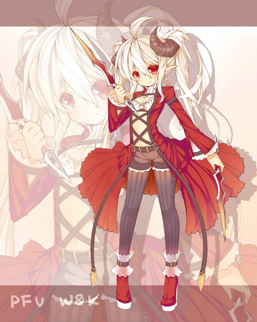 1girl absurdres ahoge belt black_pantyhose blush breasts center_opening cleavage dagger dual_wielding female_focus full_body highres holding horns knife lace long_hair navel pantyhose pantyhose_under_shorts pixiv_fantasia pixiv_fantasia_wizard_and_knight pointy_ears red_eyes saru shorts small_breasts smile solo twintails weapon white_hair zoom_layer