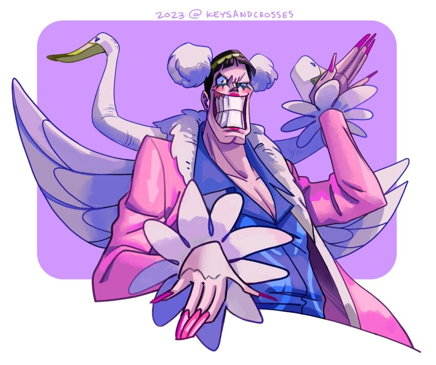 1boy 2023 bird black_hair blue_shirt bon_clay coat commentary english_commentary fake_wings highres keysandcrosses looking_at_viewer makeup male_focus one_piece pink_coat pink_nails purple_background shirt smile solo swan teeth twitter_username upper_body wings