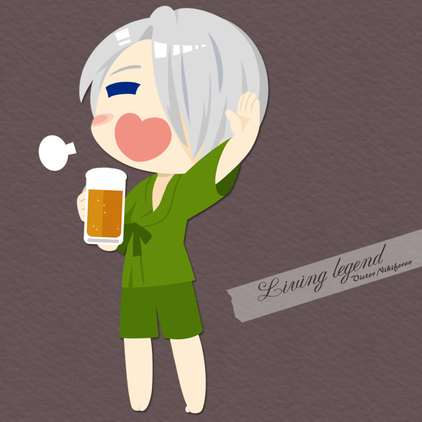 1boy alcohol arm_up beer beer_mug blue_eyes blush_stickers character_name closed_eyes cup english_text hair_over_one_eye heart-shaped_mouth highres japanese_clothes jinbei_(clothes) kaorin_minogue male_focus mug open_mouth silver_hair smile viktor_nikiforov yuri!!!_on_ice