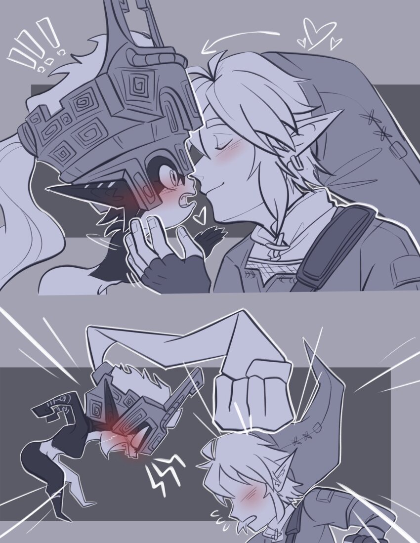 ! !! 1boy 1girl angry arm_markings arm_tattoo bonk earrings embarrassed failure fangs fingerless_gloves floating fused_shadows giant_fist gloves grabbing_another&#039;s_chin greyscale hand_on_another&#039;s_chin height_difference helmet hetero highres hitting imminent_kiss imp jewelry kiss leather leather_gloves levitation link midna monochrome nintendo one_eye_covered pichichustudio pointy_ears pointy_hat ponytail prehensile_hair scabbard sheath sidelocks single_earring size_difference smile spot_color surprise_kiss surprised tattoo the_legend_of_zelda the_legend_of_zelda:_twilight_princess tsundere tunic upper_body