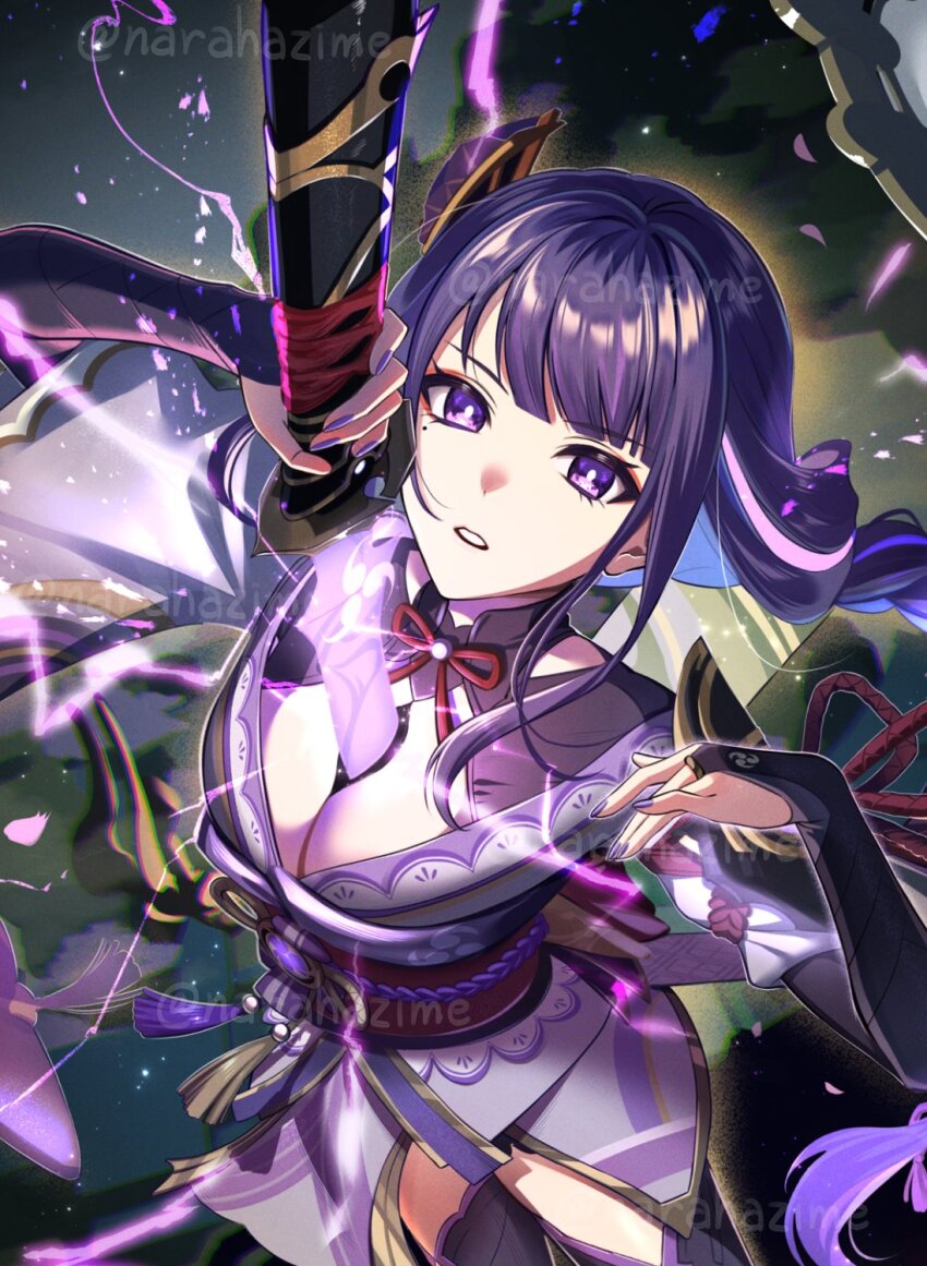 1girl black_gloves black_thighhighs bridal_gauntlets genshin_impact gloves highres holding holding_sword holding_weapon japanese_clothes kimono long_hair looking_at_viewer mole mole_under_eye nail_polish narahazime obi parted_lips purple_eyes purple_hair purple_kimono purple_nails raiden_shogun red_sash sash solo sword thighhighs watermark watermark_grid weapon