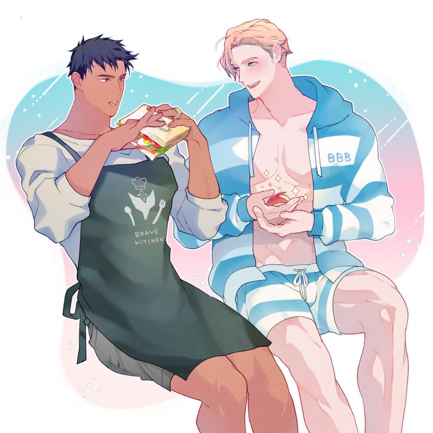 2boys absurdres ao_isami apple_rabbit apron bara black_hair blonde_hair blue_eyes blue_pajamas blush commentary_request food food_art green_apron highres lewis_smith llld_(2ldk1241) male_focus multiple_boys pajamas sandwiched shorts smile sweater yaoi yuuki_bakuhatsu_bang_bravern